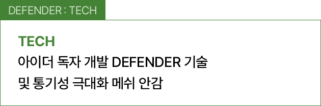 DEFENDER : TECH / 아이더 독자 개발 DEFENDER 기술 및 통기성 극대화 메쉬 안감